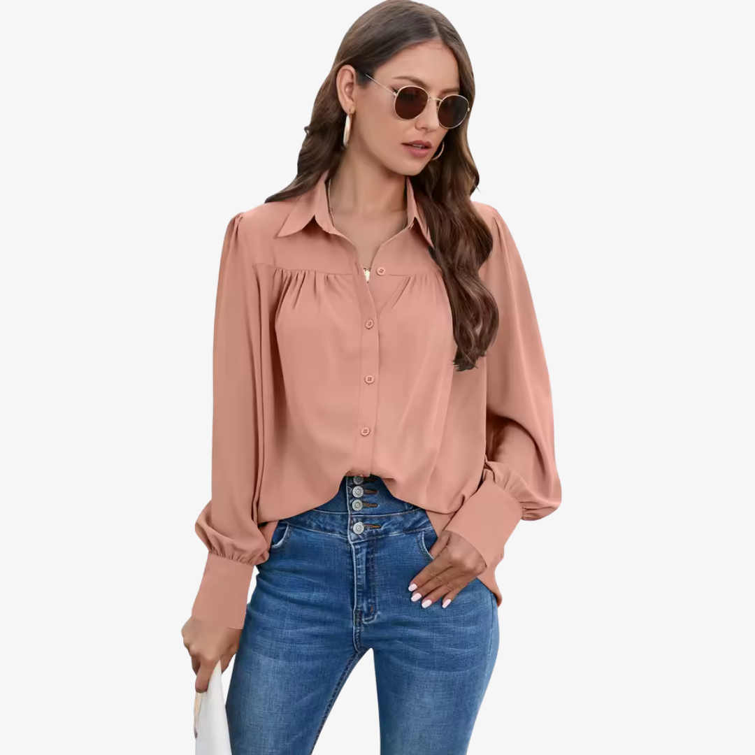 "Elin chiffon blouse met luchtige lantern-mouwen en knoopsluiting, ideale stijlvolle damesmode in diverse kleuren."