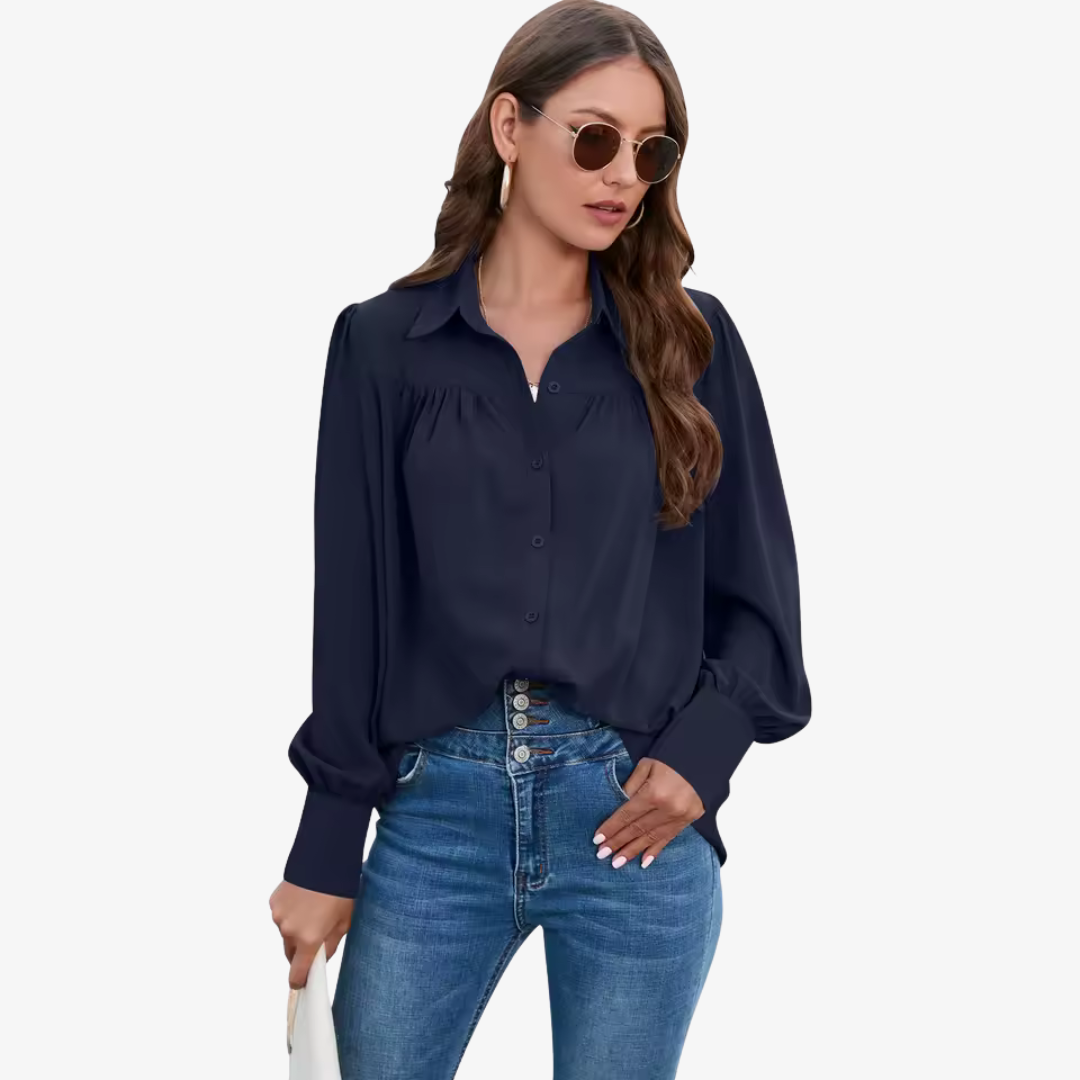 "Elin chiffon blouse met luchtige lantern-mouwen en knoopsluiting, ideale stijlvolle damesmode in diverse kleuren."