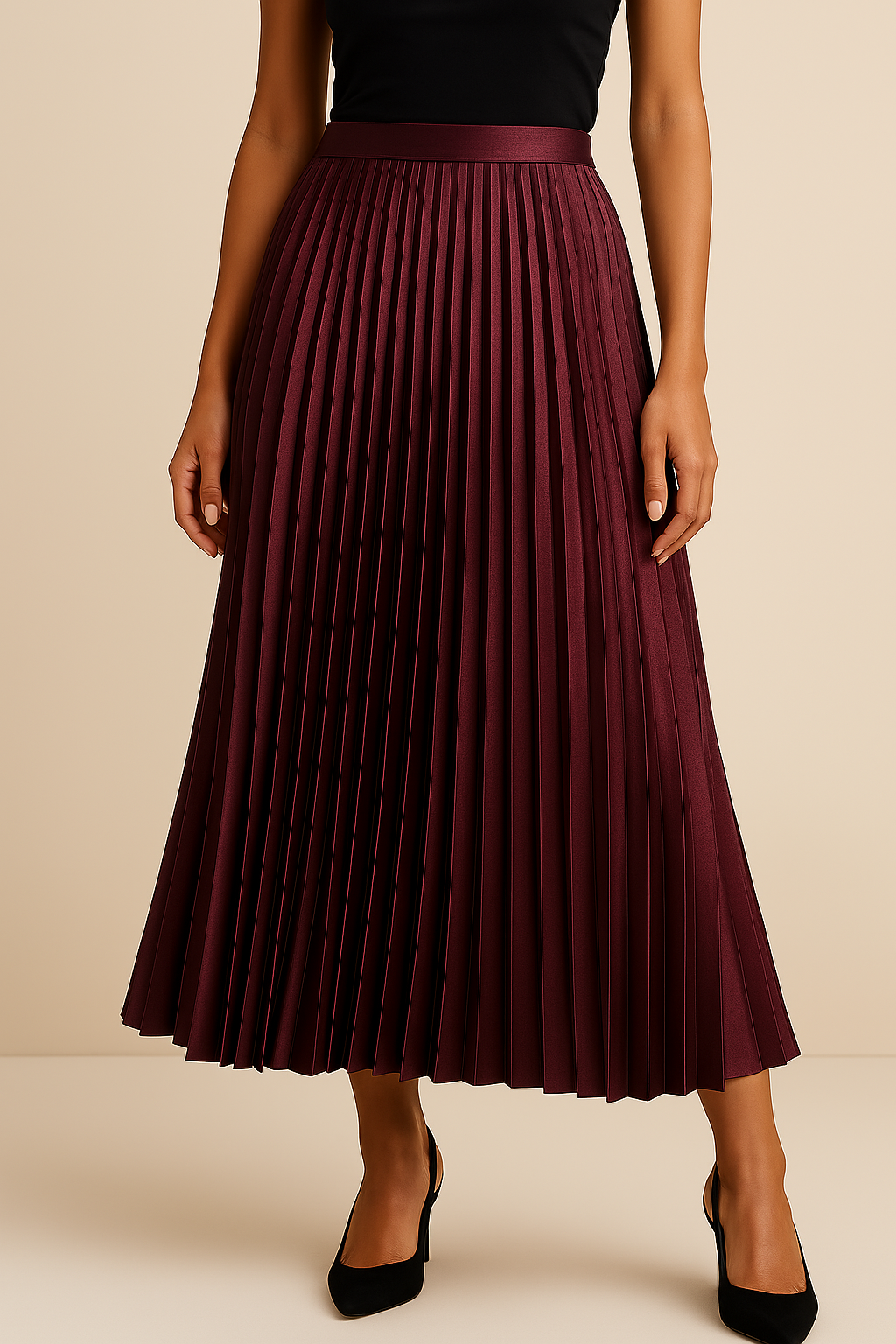"Elva satijnen plissérok, hoge taille, glanzende stof, elegante uitstraling in meerdere kleuren"