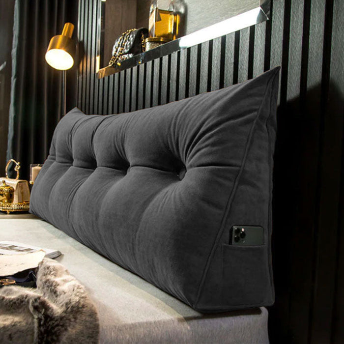 "Ergonomisch hoofdbordkussen met stijlvol design, biedt luxe comfort en ondersteuning voor hoofd, nek en rug in slaapkamer."