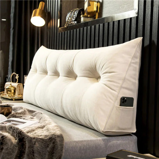 "Ergonomisch hoofdbordkussen met stijlvol design, biedt luxe comfort en ondersteuning voor hoofd, nek en rug in slaapkamer."