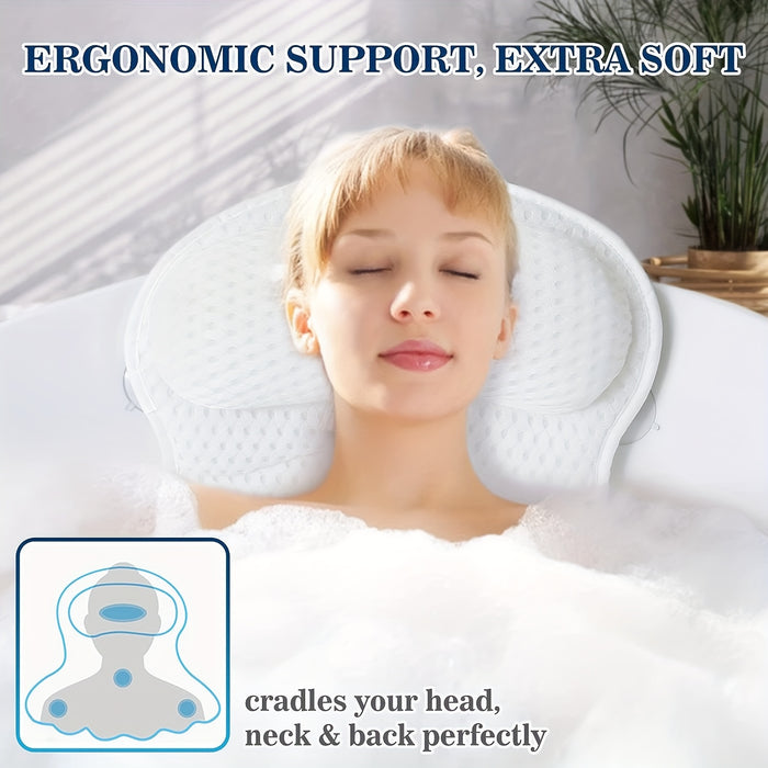 "Ergonomisch luxe badkussen, ademend 4D luchtgaas, wit, met antislip zuignappen voor ultiem comfort en neksteun."