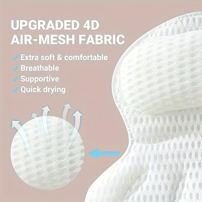 "Ergonomisch luxe badkussen, ademend 4D luchtgaas, wit, met antislip zuignappen voor ultiem comfort en neksteun."