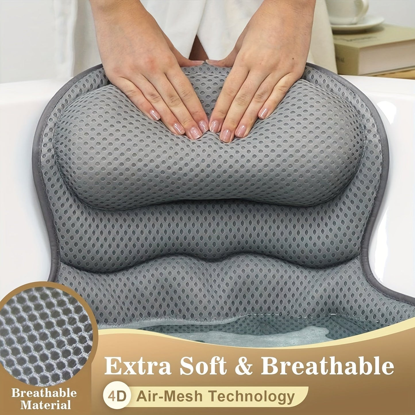 "Ergonomisch luxe badkussen, ademend 4D luchtgaas, wit, met antislip zuignappen voor ultiem comfort en neksteun."