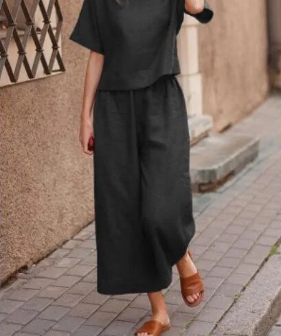 Erika linnen set met losse broek en korte mouw top, casual chic stijl, ademende stof in diverse kleuren, damesmode.