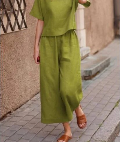 Erika linnen set met losse broek en korte mouw top, casual chic stijl, ademende stof in diverse kleuren, damesmode.