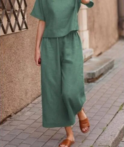Erika linnen set met losse broek en korte mouw top, casual chic stijl, ademende stof in diverse kleuren, damesmode.