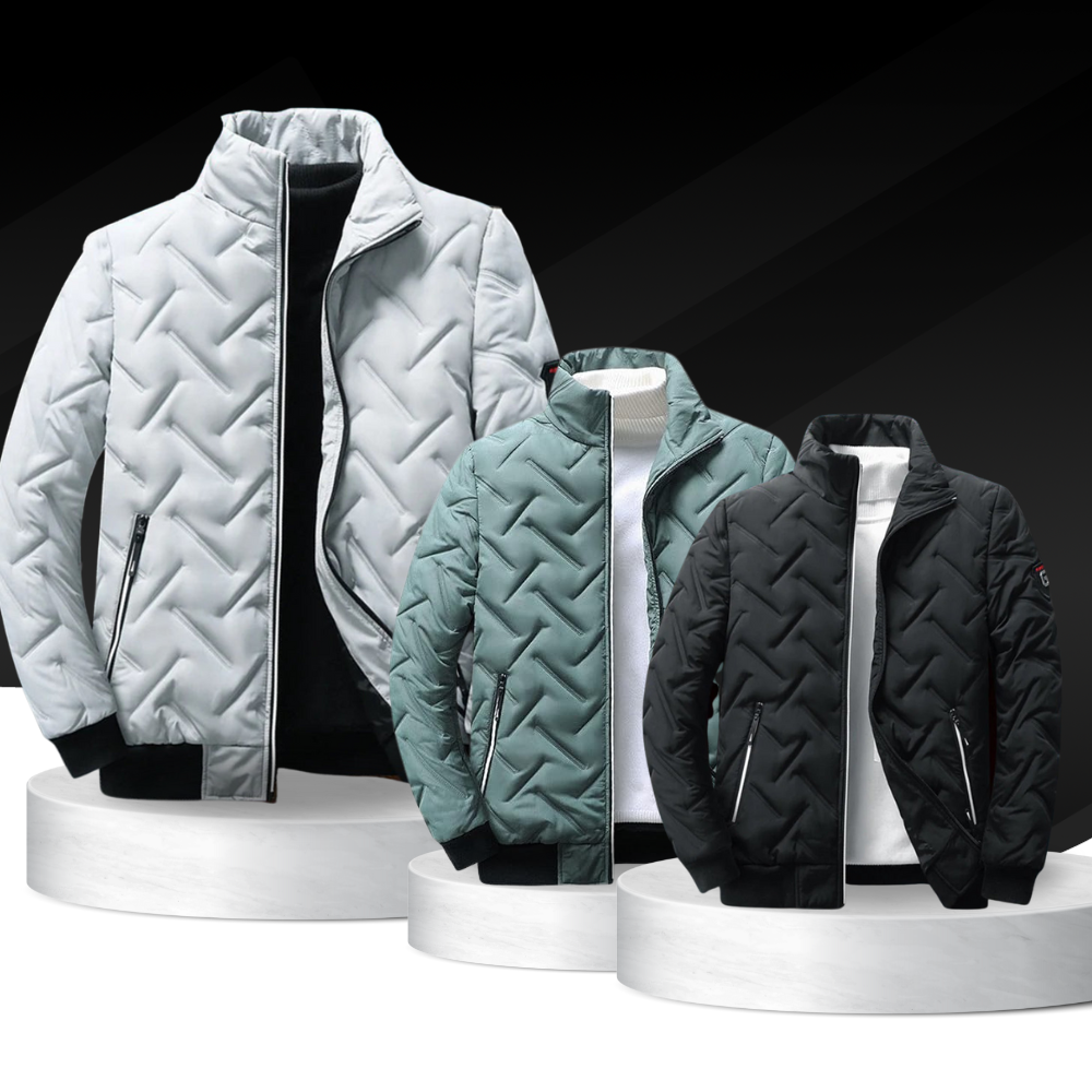 "Fabio gewatteerd herenjack, modieus en veelzijdig, ideaal voor casual looks in groen, wit/grijs en zwart."