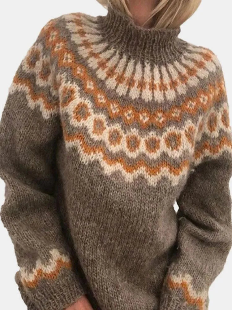"Fiona Turtleneck Trui voor dames, gebreide coltrui met stijlvolle jacquardprint, perfect voor koude dagen"