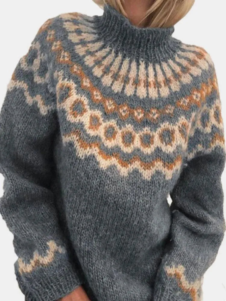 "Fiona Turtleneck Trui voor dames, gebreide coltrui met stijlvolle jacquardprint, perfect voor koude dagen"
