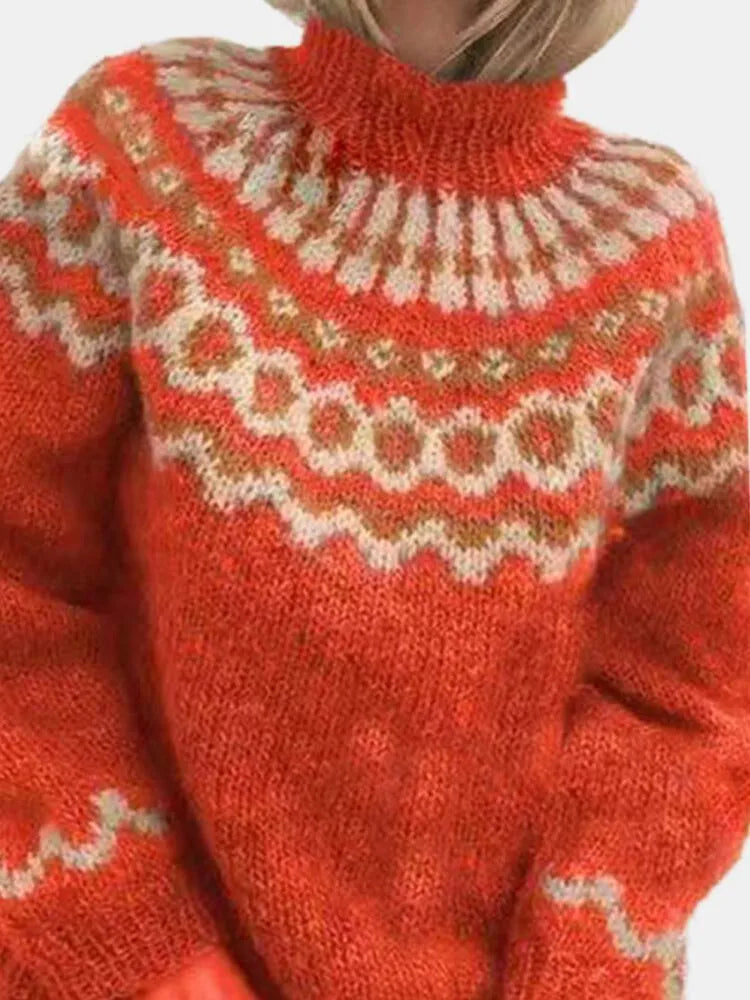"Fiona Turtleneck Trui voor dames, gebreide coltrui met stijlvolle jacquardprint, perfect voor koude dagen"