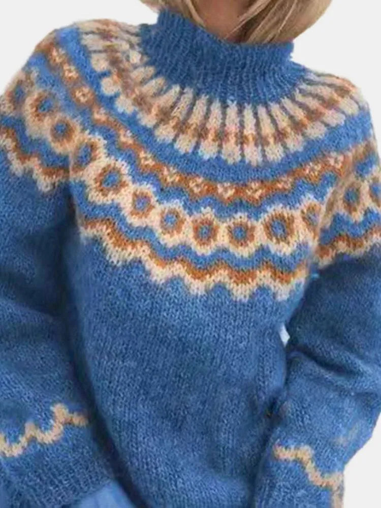 "Fiona Turtleneck Trui voor dames, gebreide coltrui met stijlvolle jacquardprint, perfect voor koude dagen"