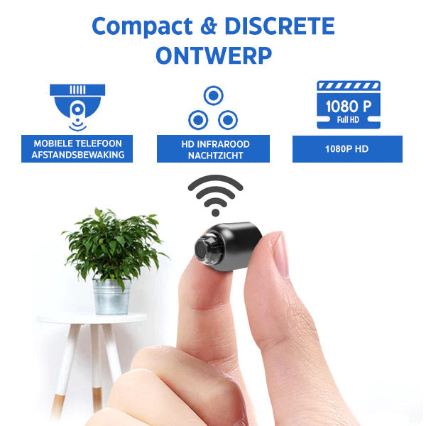 "Full HD compact onopvallende beveiligingscamera met 160° groothoeklens, wifi, nachtzicht en hoge videokwaliteit."