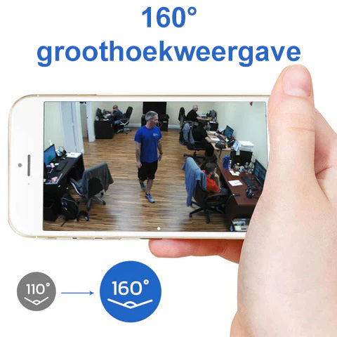 "Full HD compact onopvallende beveiligingscamera met 160° groothoeklens, wifi, nachtzicht en hoge videokwaliteit."
