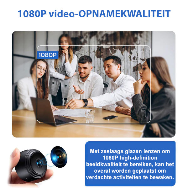 "Full HD compact onopvallende beveiligingscamera met 160° groothoeklens, wifi, nachtzicht en hoge videokwaliteit."