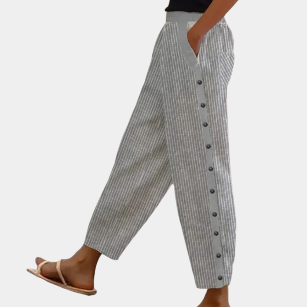 "Gestreepte damesbroek Tania voor zomer met chique streepdesign, elegante stijl en comfortabele fit, perfect voor werk of cas