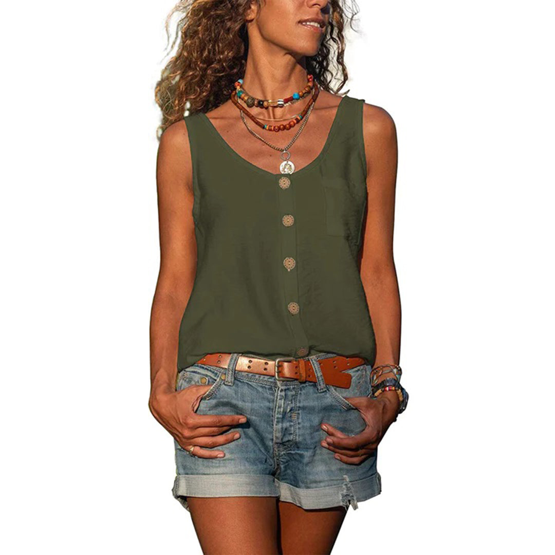 "Grijze zomerse mouwloze top dames, elegant en comfortabel design met borduursels en knopen, licht en veelzijdig."