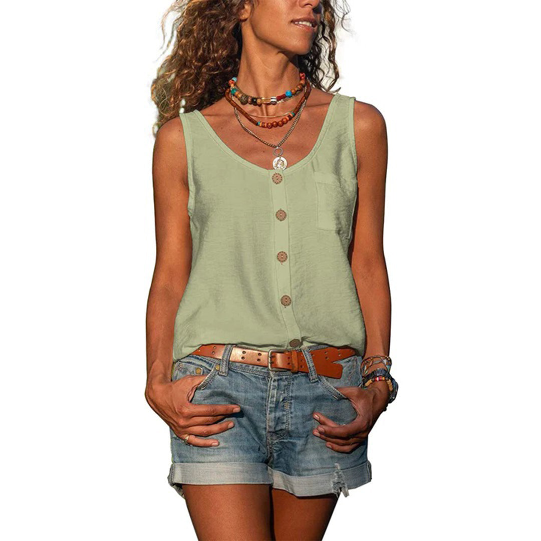 "Grijze zomerse mouwloze top dames, elegant en comfortabel design met borduursels en knopen, licht en veelzijdig."