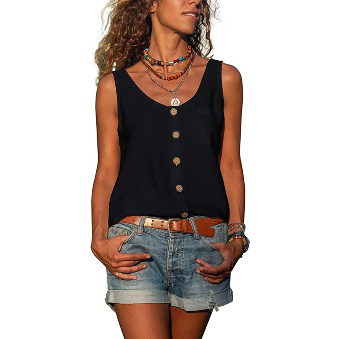 "Grijze zomerse mouwloze top dames, elegant en comfortabel design met borduursels en knopen, licht en veelzijdig."