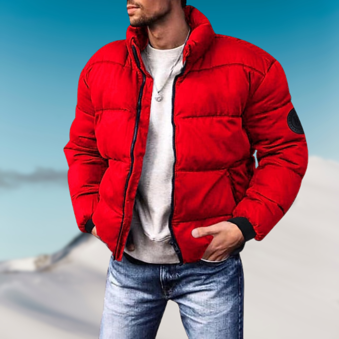 "Heren donsjack, warm, modieus, groen en rood, met ritssluiting en zakken, ontworpen voor winterse dagen."