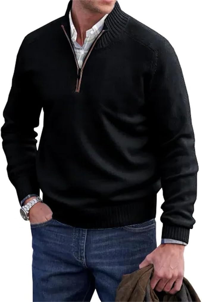 "Heren half-zip gebreide trui, fijngebreid, ribkraag, ritssluiting, stijlvol, geschikt voor formeel en casual gebruik."