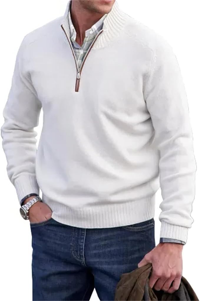 "Heren half-zip gebreide trui, fijngebreid, ribkraag, ritssluiting, stijlvol, geschikt voor formeel en casual gebruik."