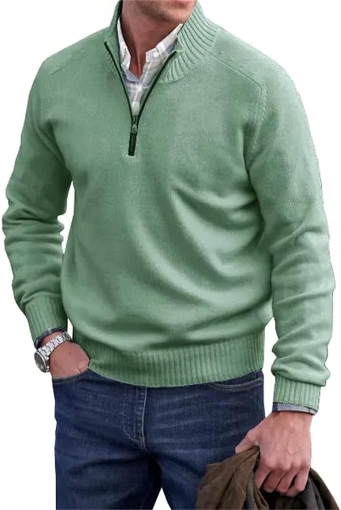 "Heren half-zip gebreide trui, fijngebreid, ribkraag, ritssluiting, stijlvol, geschikt voor formeel en casual gebruik."