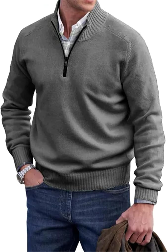 "Heren half-zip gebreide trui, fijngebreid, ribkraag, ritssluiting, stijlvol, geschikt voor formeel en casual gebruik."