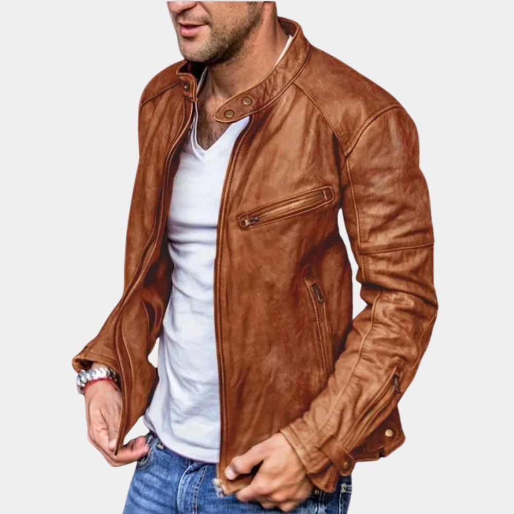 "Heren leren jack zwart, weerbestendig en stijlvol, tijdloze elegantie, met handige zakken en waterafstotende coating."