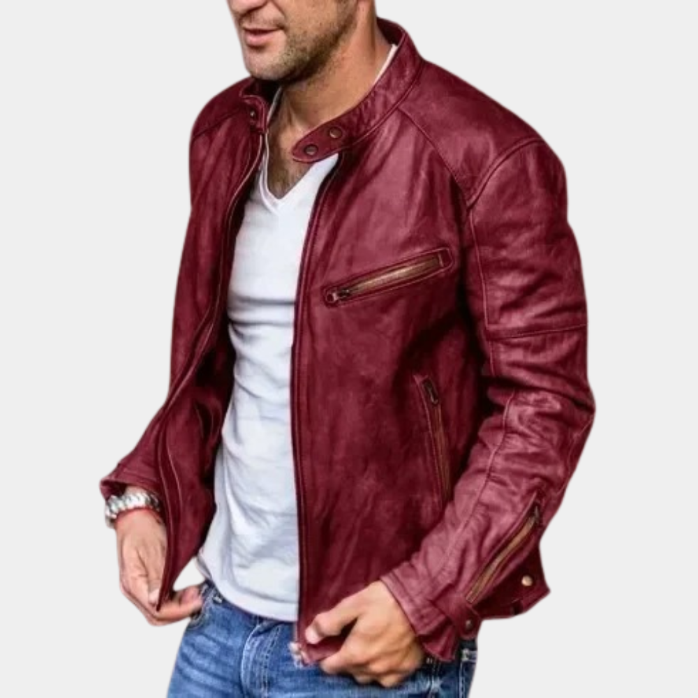 "Heren leren jack zwart, weerbestendig en stijlvol, tijdloze elegantie, met handige zakken en waterafstotende coating."