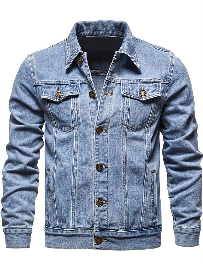 "Heren slim fit denim spijkerjack met borstzakken en knoopsluiting, te zien in donkerblauw. Stijlvol en veelzijdig ontwerp."
