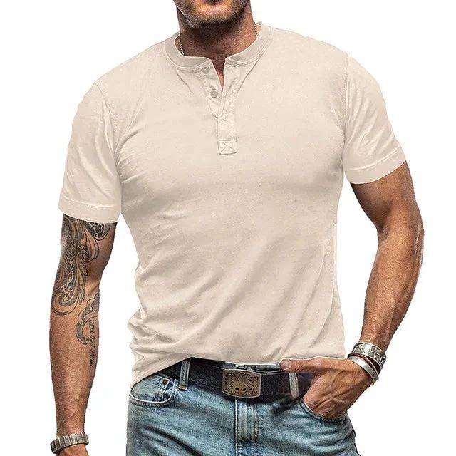 Heren zomer Henley T-shirt, korte mouwen, ademend; verkrijgbaar in zwart, beige, blauwgrijs en donkergrijs.