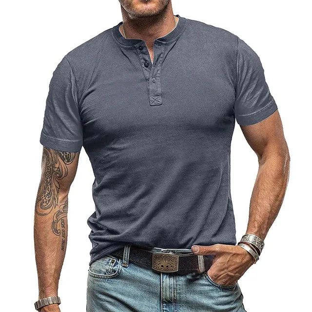 Heren zomer Henley T-shirt, korte mouwen, ademend; verkrijgbaar in zwart, beige, blauwgrijs en donkergrijs.