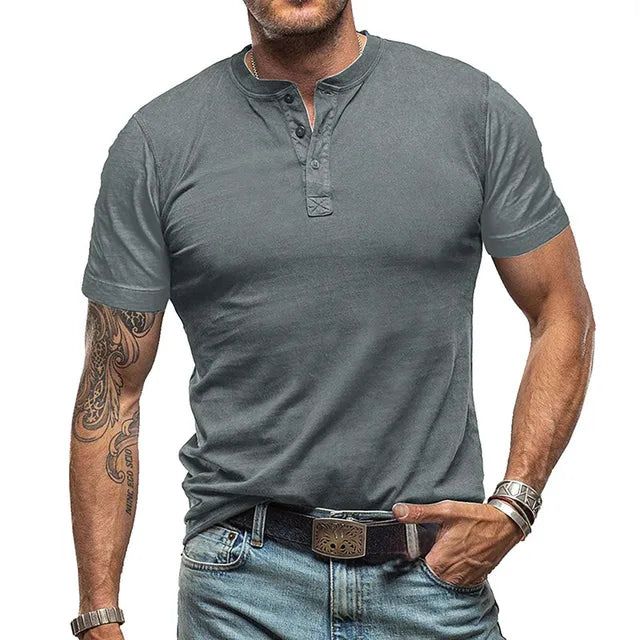 Heren zomer Henley T-shirt, korte mouwen, ademend; verkrijgbaar in zwart, beige, blauwgrijs en donkergrijs.