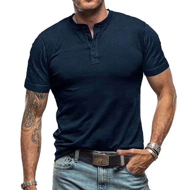 Heren zomer Henley T-shirt, korte mouwen, ademend; verkrijgbaar in zwart, beige, blauwgrijs en donkergrijs.