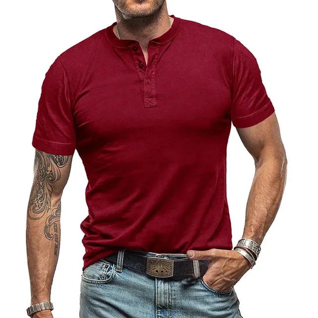Heren zomer Henley T-shirt, korte mouwen, ademend; verkrijgbaar in zwart, beige, blauwgrijs en donkergrijs.