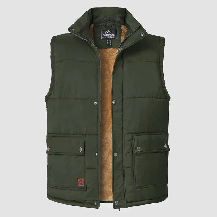 "Herfstige bodywarmer voor heren met meerdere zakken, ideale combinatie van functionaliteit en stijl voor buitenactiviteiten.