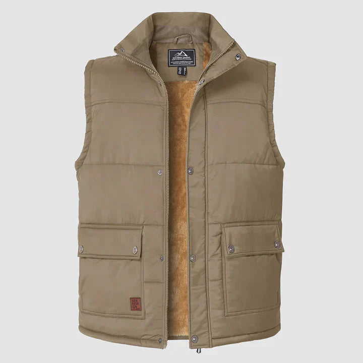 "Herfstige bodywarmer voor heren met meerdere zakken, ideale combinatie van functionaliteit en stijl voor buitenactiviteiten.