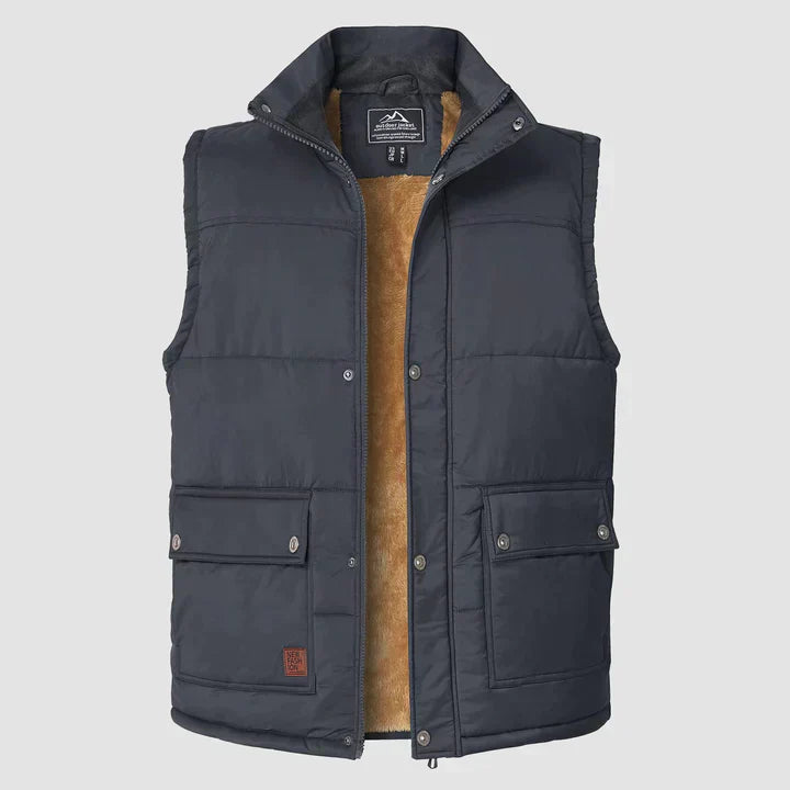 "Herfstige bodywarmer voor heren met meerdere zakken, ideale combinatie van functionaliteit en stijl voor buitenactiviteiten.