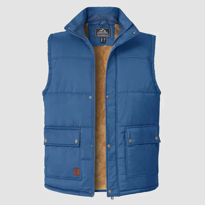 "Herfstige bodywarmer voor heren met meerdere zakken, ideale combinatie van functionaliteit en stijl voor buitenactiviteiten.