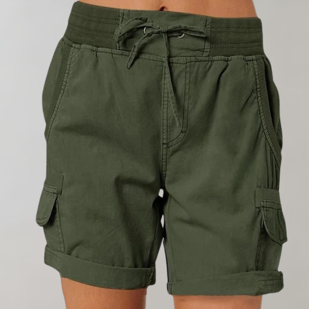 "Hoge taille elegante khaki zomershort voor dames, licht en ademend, geschikt voor casual en semi-formele activiteiten."