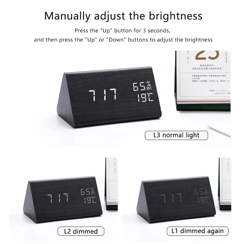 Houten wekker met LED-display, spraakbesturing en temperatuurweergave; elegant design voor elke moderne slaapkamer.