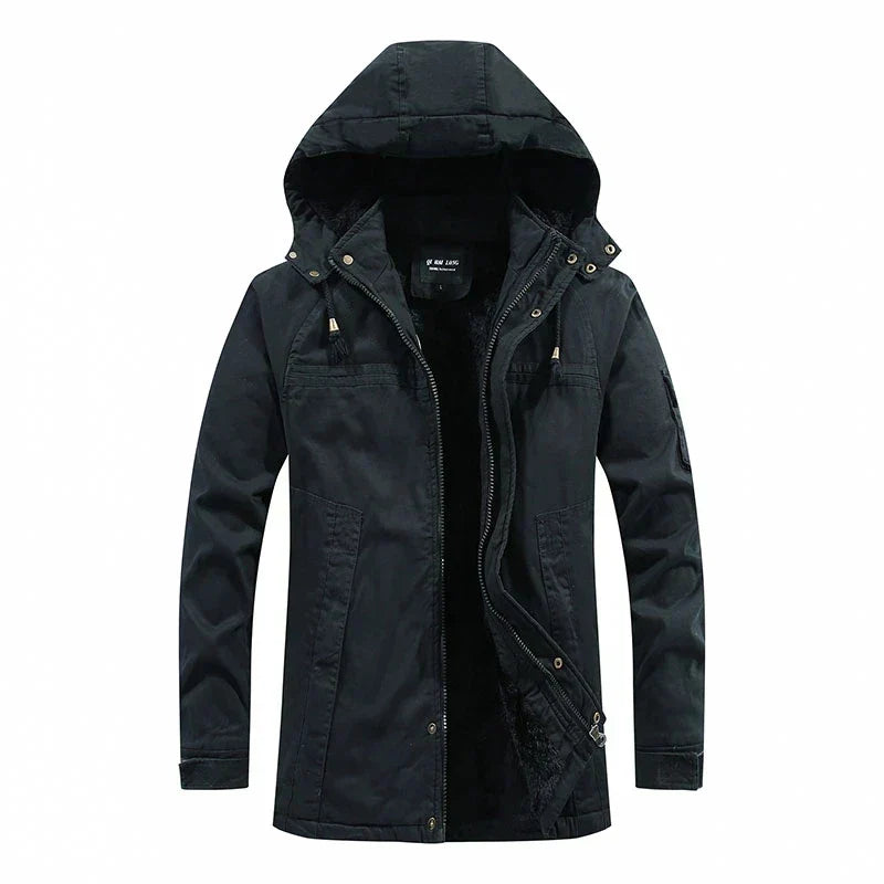 Hunter winterjas voor heren met fleece voering, robuuste buitenlaag en afneembare capuchon; stijlvol en warm in de kou.