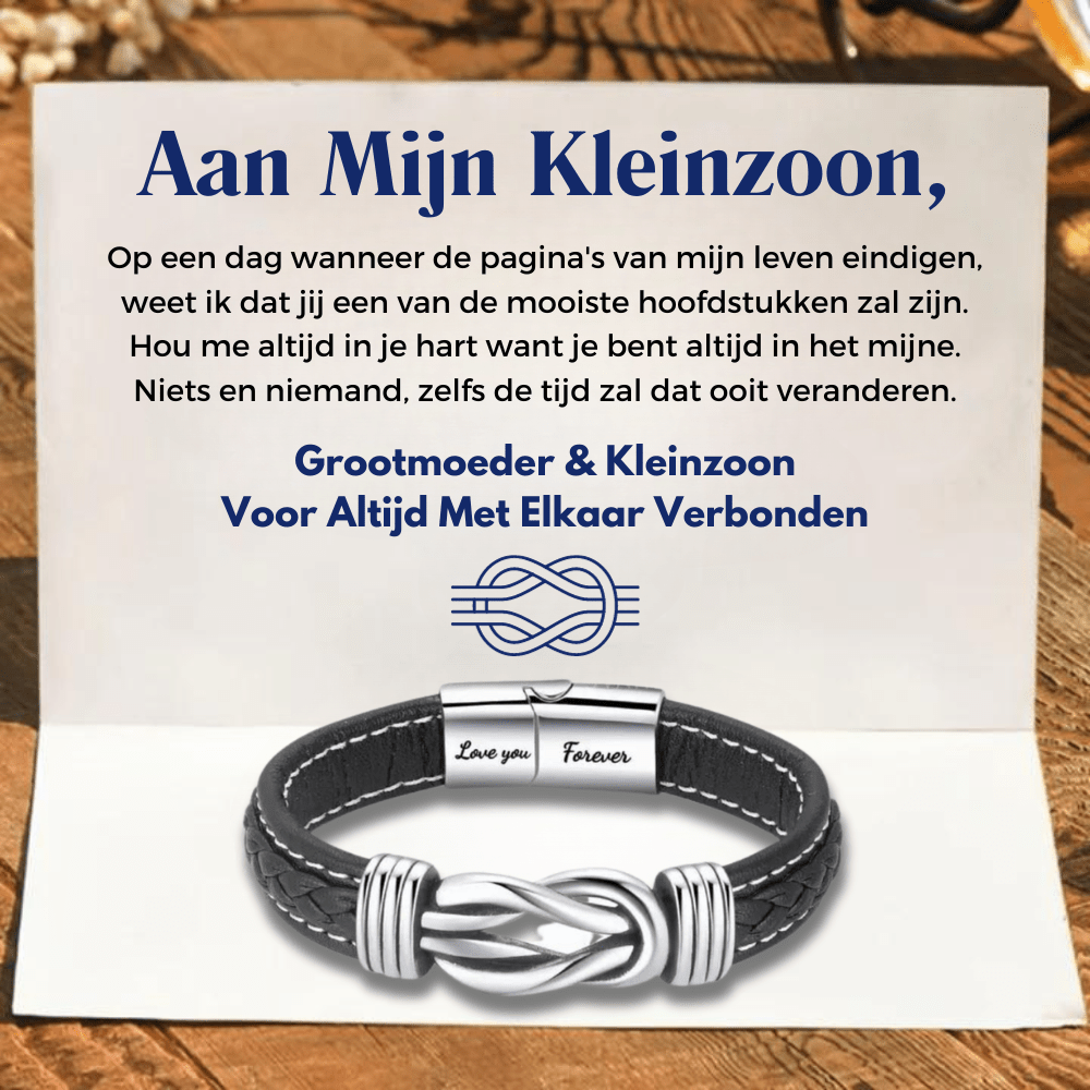 Infinity leren armband met gravure 'Love you Forever', zwart leer, roestvrij staal, cadeau voor kleinzoon, stijlvol design.
