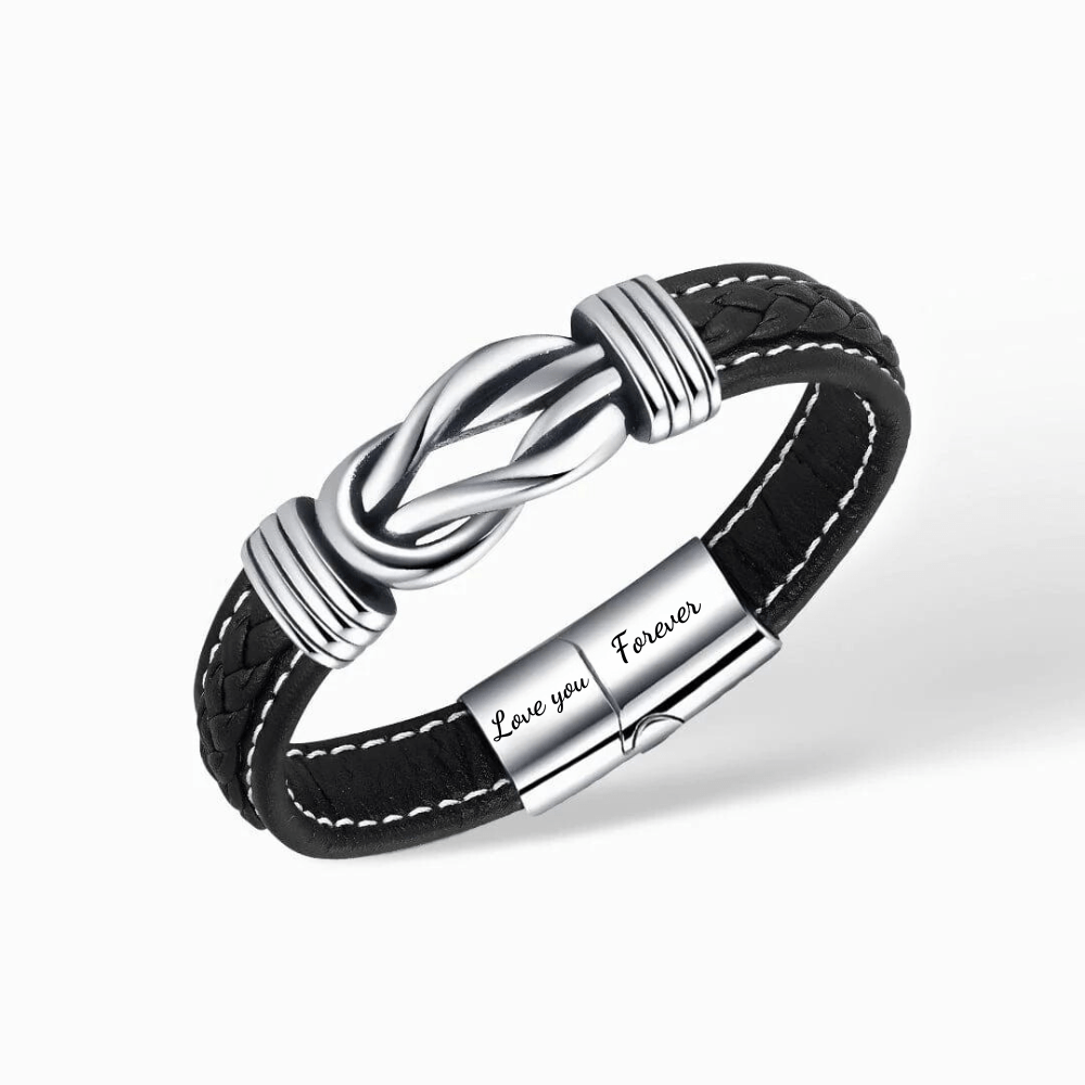 Infinity leren armband met gravure 'Love you Forever', zwart leer, roestvrij staal, cadeau voor kleinzoon, stijlvol design.