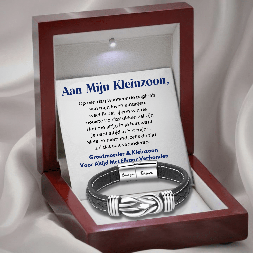 Infinity leren armband met gravure 'Love you Forever', zwart leer, roestvrij staal, cadeau voor kleinzoon, stijlvol design.