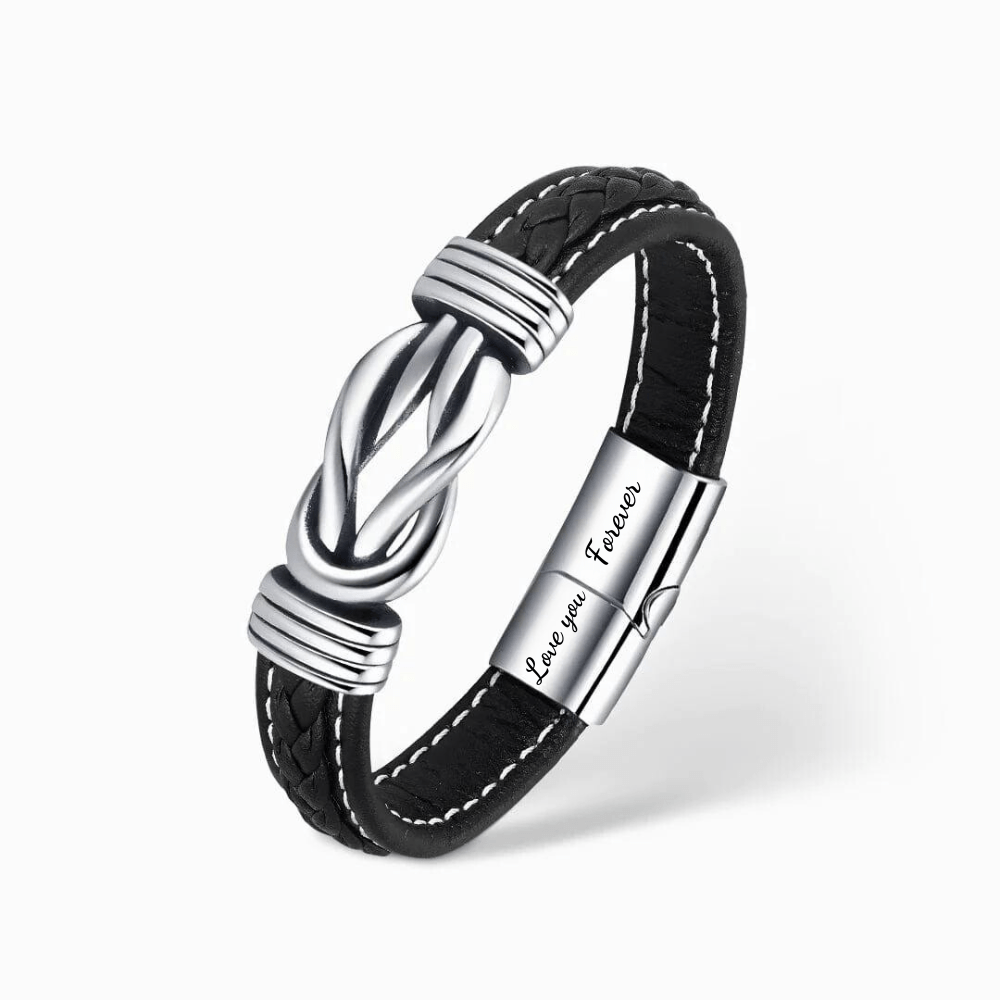 Infinity leren armband met gravure 'Love you Forever', zwart leer, roestvrij staal, cadeau voor kleinzoon, stijlvol design.