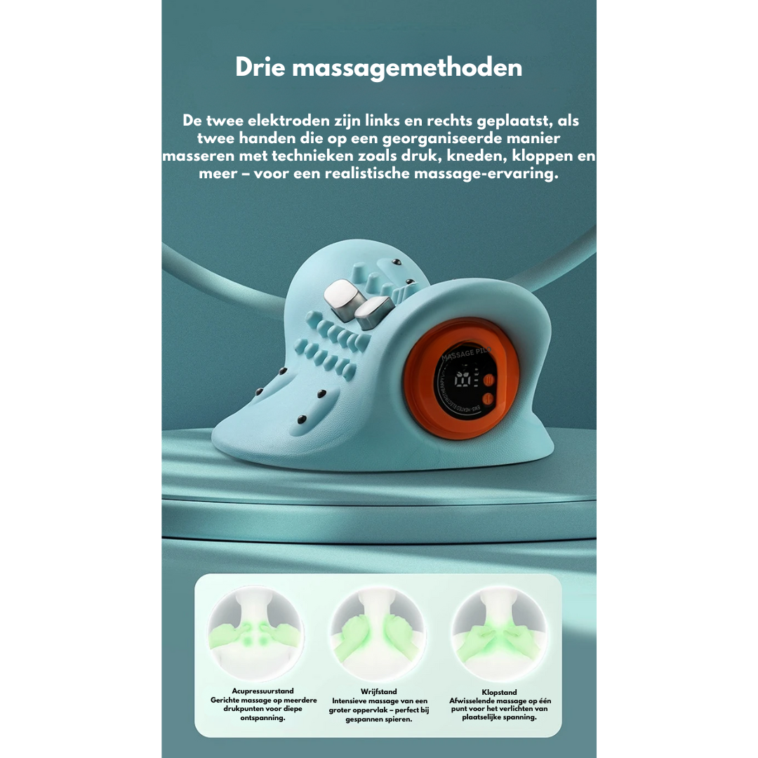 "Innovatieve 4-in-1 nekmassager met EMS en warmte, ergonomisch ontwerp, draagbaar en stijlvol voor ultieme ontspanning."