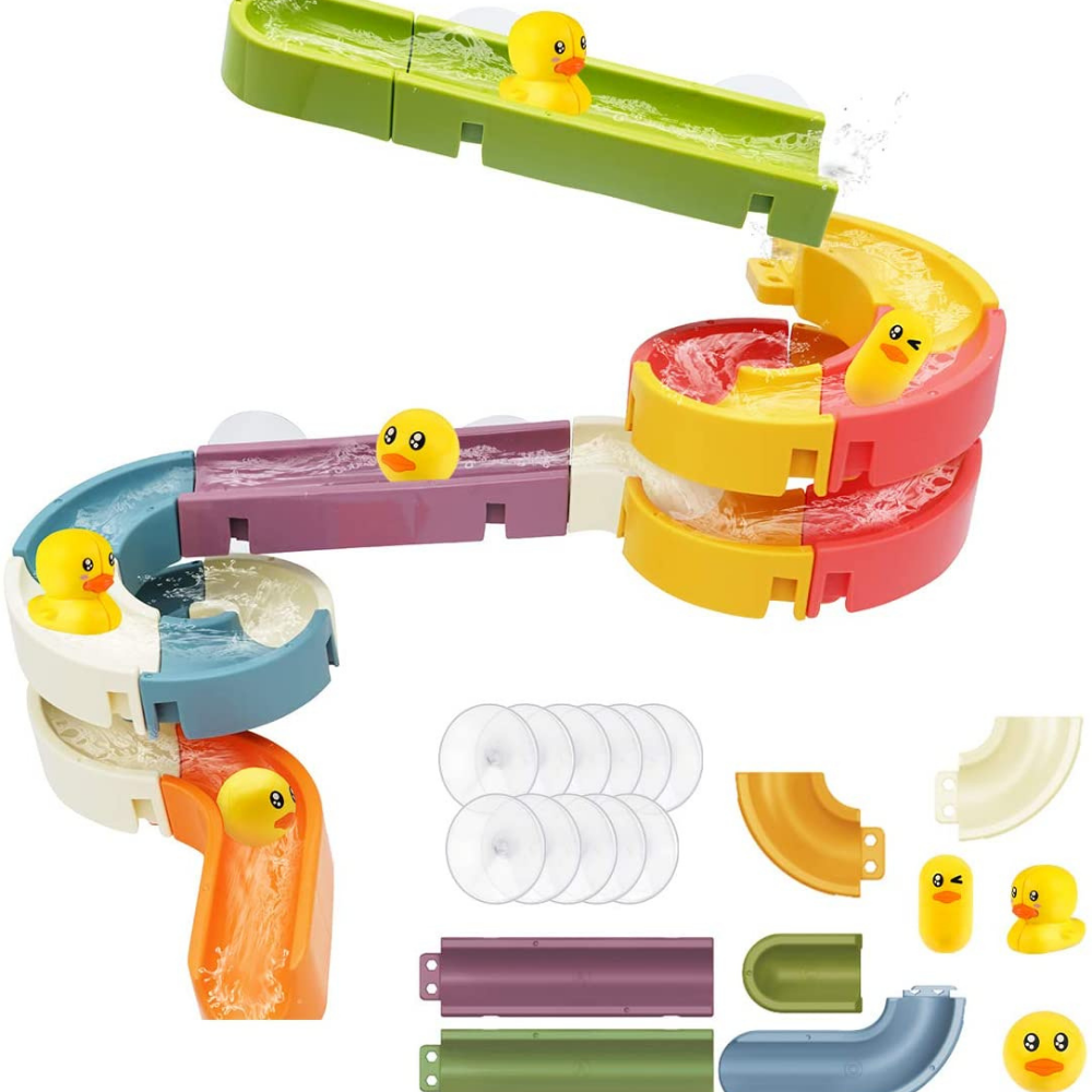 Interactief badspeelgoed met kleurrijke eendjes op een glijbaan, ideaal voor kinderen. Zorgt voor speelplezier tijdens het ba