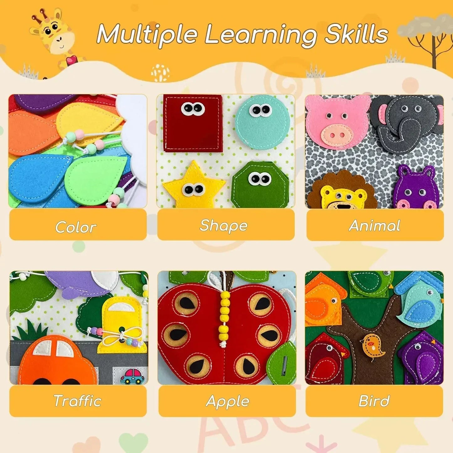 "Interactief viltboek voor peuters met diverse texturen en dieren, stimuleert zintuigen en motoriek, ideaal voor thuis en rei